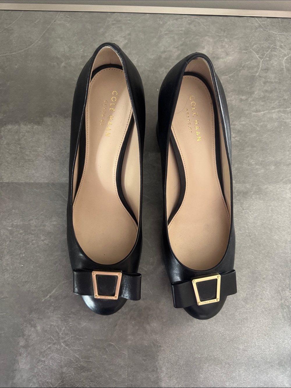 Cole Haan Black Leather Ballet Flats with Gold Buckle